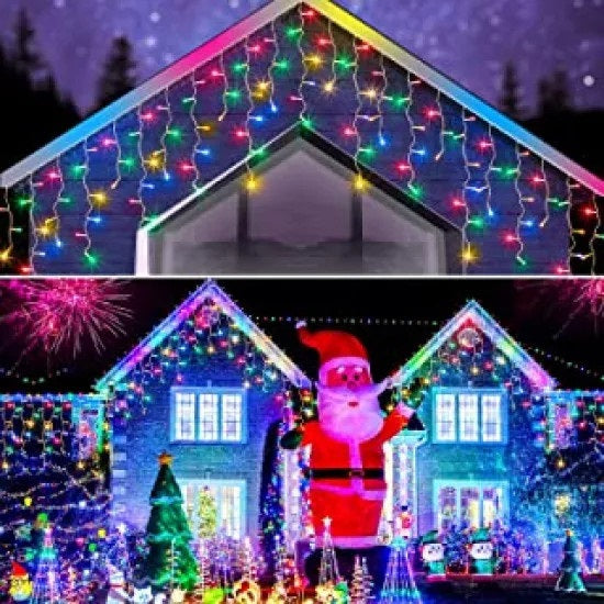 Set 2 x Instalatie pentru Craciun - Franjuri, cu LED-uri Tip Turturi, 12 metri - multicolora