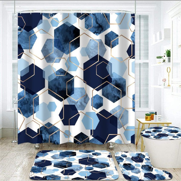 Set Pentru Baie: Perdea, Covorase Si Husa De Toaleta - Blue Hexagon