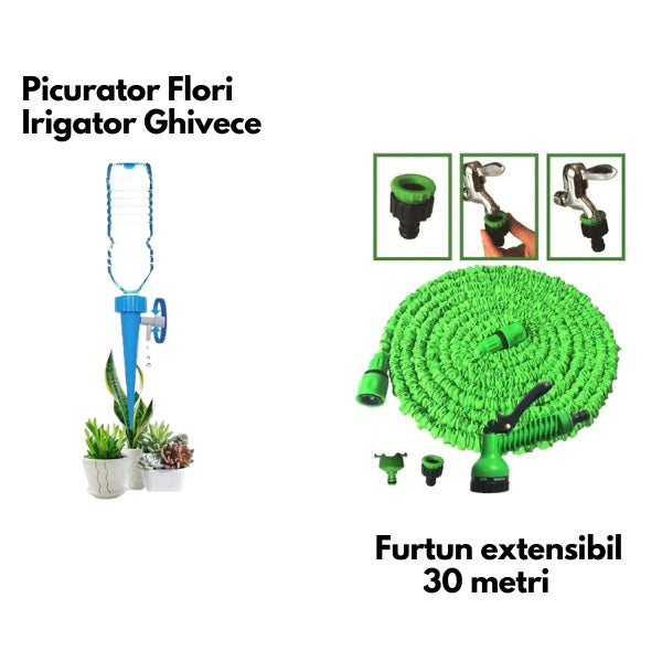 Furtun extensibil pentru gradina, lungime 30 m, aparat de udat inclus + Irigator Ghivece